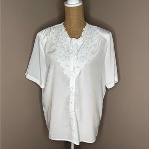 Vintage 80s Elegant White Cutout Detail Satin Blouse Size 16 Made in USA